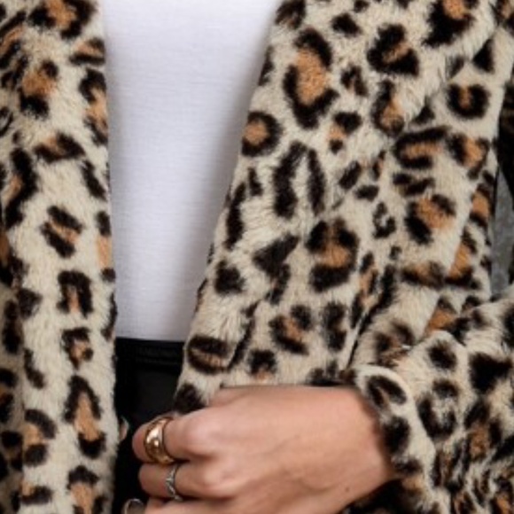 Cream Leopard Print Teddy Open Front Jacket Coat - Picture 2 of 5